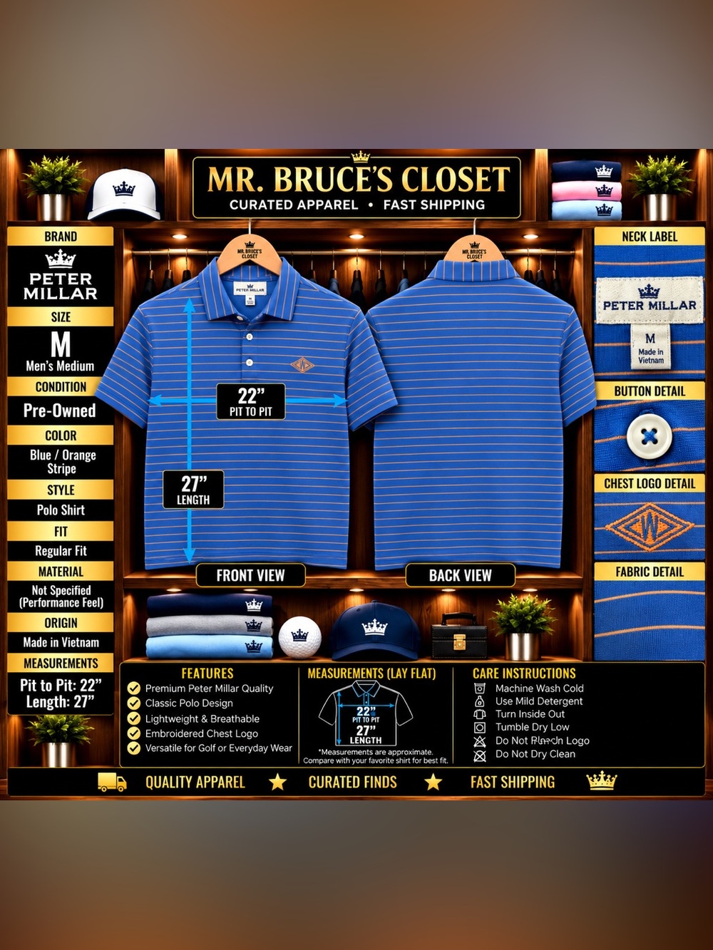 Peter Millar Blue with Orange Stripe Performance Polo